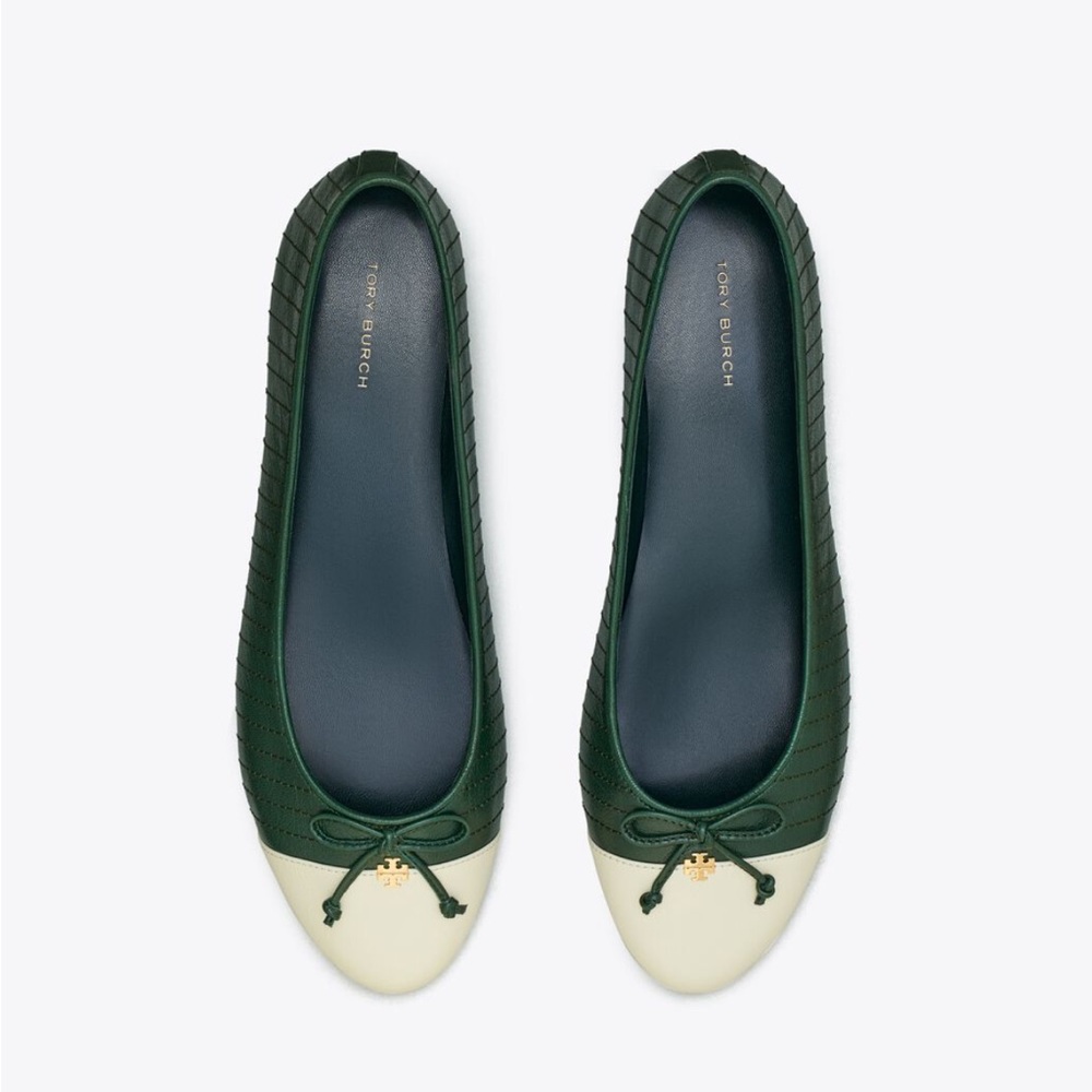 Tory Burch Quilted Cap Toe Ballet Flats Green & Ivory Size 9 NWT - Picture 11 of 11